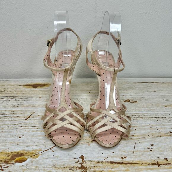 Moschino Cheap and Chic Strappy Heels 38 Ankle Strap Peep Toe Open Champagne - Picture 3 of 11